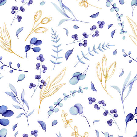Seamless Pattern of Watercolor Deep Blue and Golden Foliage and Berriesの写真素材