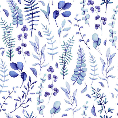 Seamless Pattern of Watercolor Herbs, Berries and Little Leaves in Blue Colours