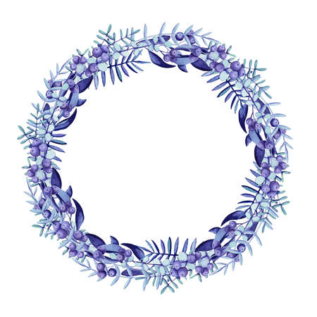 Round Wreath of Watercolor Winter Herbs and Leaves in Blue and Purple Colorsの写真素材