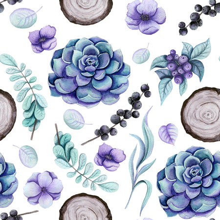Seamless Pattern of Watercolor Succulent, Violet Flowers and Woodの写真素材