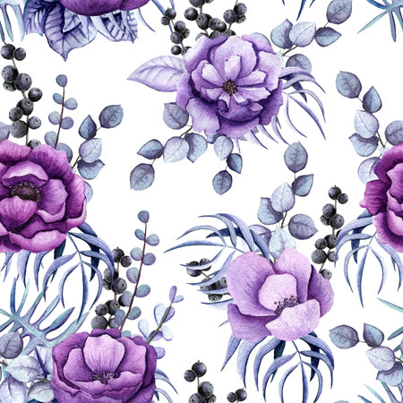 Bright Seamless Pattern of Watercolor Bouquets with Purple Flowers and Light Blue Leavesの写真素材
