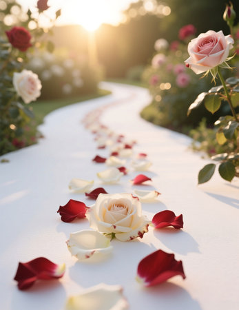 Romantic wedding aisle with roses and petals in soft sunset light. Elegant floral decoration for ceremony.の素材