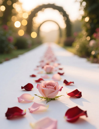 Romantic wedding aisle with roses and petals in soft sunset light. Elegant floral decoration for ceremony.の素材
