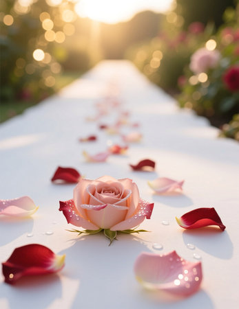 Romantic wedding aisle with roses and petals in soft sunset light. Elegant floral decoration for ceremony.の素材