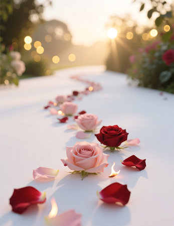 Romantic wedding aisle with roses and petals in soft sunset light. Elegant floral decoration for ceremony.の素材