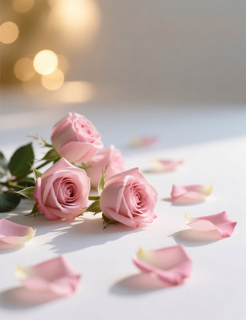 Soft rose composition with petals on a light surface, featuring gentle bokeh and clean copy space for elegant design use.の素材