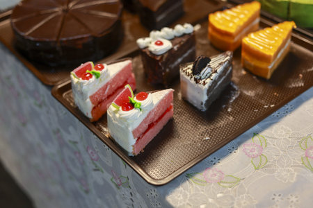 Delicious assortment of sweet food and cake slices on bakery tray. This dessert features tempting variety of chocolate cake, colorful pastry, and fruit slices perfect for party
