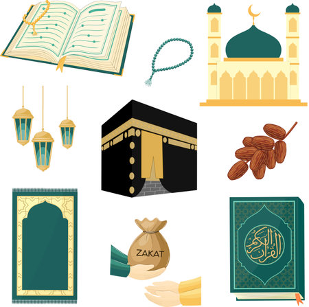 Set of Green Islamic Element Vector Illustration for Ramadanのイラスト素材