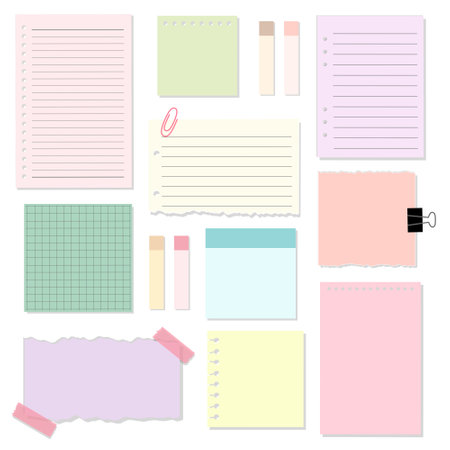 Set of Colorful Notebook Memo Paper with Masking and Paper Clip Vector Illustrationのイラスト素材