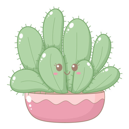 Cute Green Cactus Foliage in Round Pink Pot. Simple House Plant Cacti Illustration.のイラスト素材