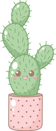 Cute Green Cactus in Pink Polkadot Pot. Simple House Plant Cacti Illustration.のイラスト素材