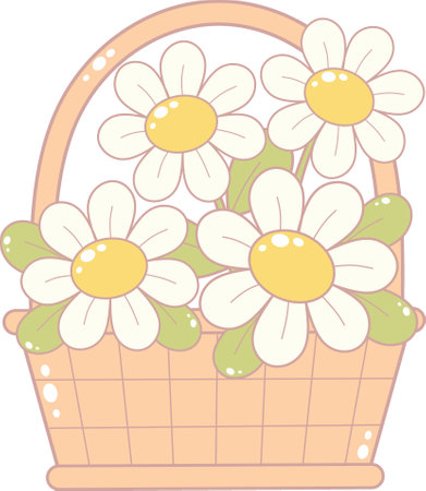 Daisy Flower in Brown Basket. Simple and Cute Style Illustration.のイラスト素材