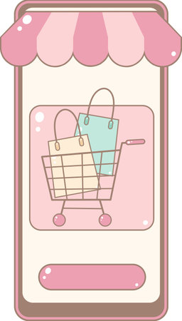 Online Shop Screen Displaying Shopping Cart With Bags. Cute and Simple Style.のイラスト素材