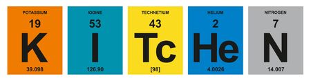 Collage of text word Kitchen write by chemical elements.  Vector illustration for menu, poster,...