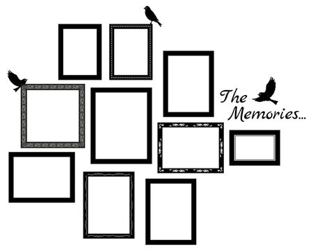 Set of vector photos frames empty template. Retro style hanging photos frames. Message about memories. Wall decal or sticker.のイラスト素材