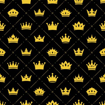 Seamless pattern in retro style with gold crowns on black background. Can be used for wallpaper, pattern fills, web page background, fabrics, surface textures. Vector Illustration.のイラスト素材