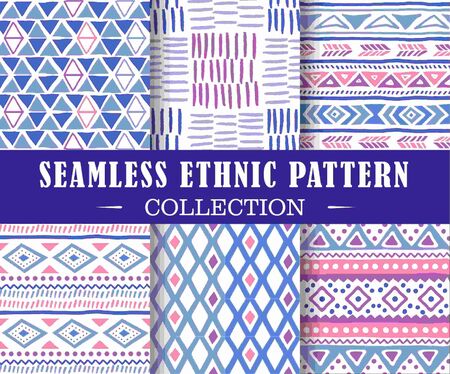 Seamless set of geometric patterns. Vector ethnic design illustration. Tribal texture set. Patterns for stationery, package design, background, wallpaper, textile, web texture. Scrap booking paper.のイラスト素材