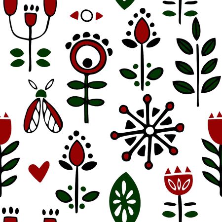 Seamless folk art pattern with birds, hearts and flowers. Floral design, retro background in red and green. Retro floral background traditional embroidery.のイラスト素材