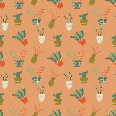 Vector doodle plant seamless pattern. Illustration of succulents, flowers, cactus and other plant. Design elements for textile print, wrapping, backgrounds. Plant background.のイラスト素材