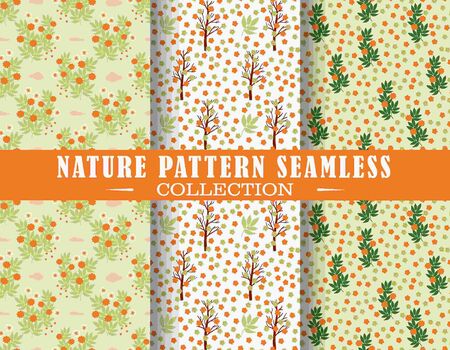 Seamless pattern theme countryside landscape with plants, trees, flowers. Vector design illustration. Patterns for stationery, package design, background,wallpaper, textile, web texture.のイラスト素材