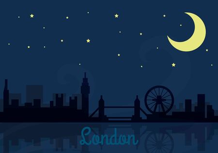 Panoramic London skyline travel illustration with main architectural landmarks. Citybreak traveling concept. City view and night sky with stars and moon. Building panorama silhouettes.のイラスト素材