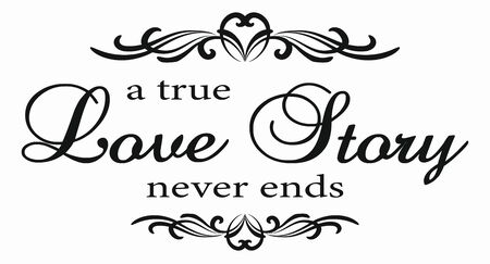 A true love story never ends. Wall decal to decorate home. Sticker concept. Card or poster with text and heart. Vector silhouettes.のイラスト素材