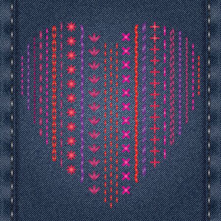 Cross-stitch embroidery in shape of heart on denim background. Illustration for print or fabric texture. Vector illustration for print or fabric texture.のイラスト素材