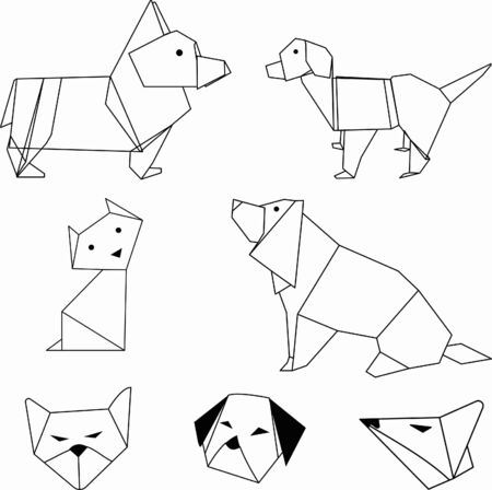 Animals in origami style. Dog style origami isolated on white background. Flat line icon. Vector illustration.のイラスト素材