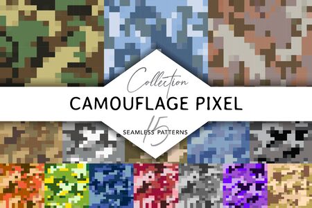Collection of 15 Camouflage Pixel seamless patterns contains vectors background in military camouflage styleのイラスト素材