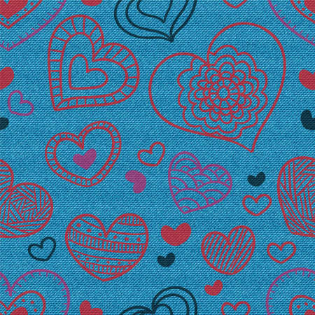 Hearts pattern. Denim background. Blue jeans illustration or print. Vector seamless pattern. Blue...