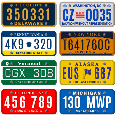 Set of USA license plates in the style of the 20th century. Vector illustrationのイラスト素材