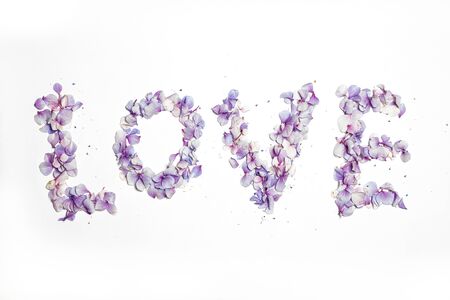 'Love' spelt in pink and purple hydrangea petals isolated on a white backgroundの写真素材