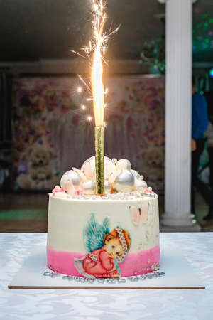Cake fireworks flame and sparks on blackの写真素材