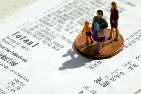 Illustrated image of people walking on a coin on top of a receipt from a grocery store