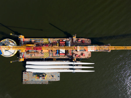 A transport ship and crane for constructing an offshore windpark