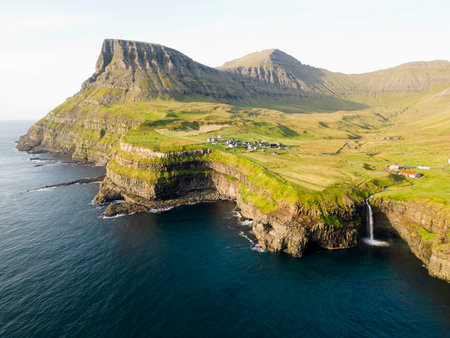 Beautiful landscape scenery of the Faroe islands at Gasadalurの写真素材