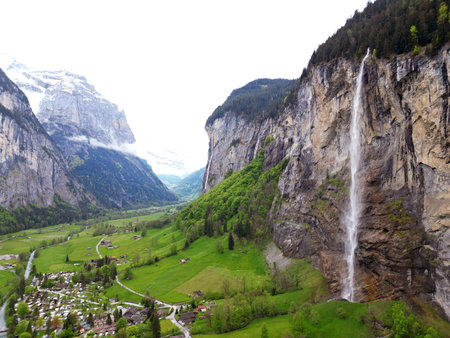 Aerial view of the famous village of Lauterbrunnen, Switzerlandの写真素材