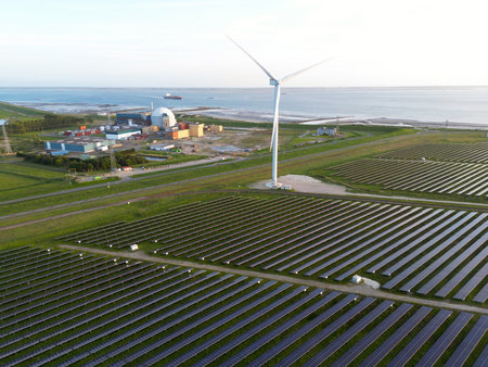 Solar panels, wind turbines and a nuclear plant, Borssele, The Netherlands