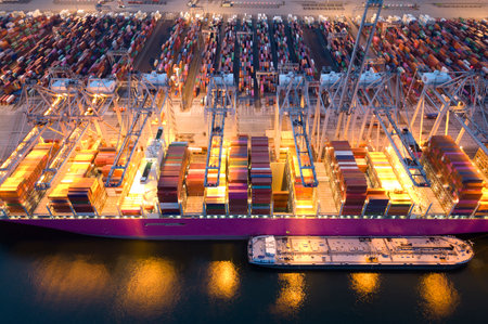 Aerial view of a large container ship in a harbour, Rotterdam, The Netherlands
