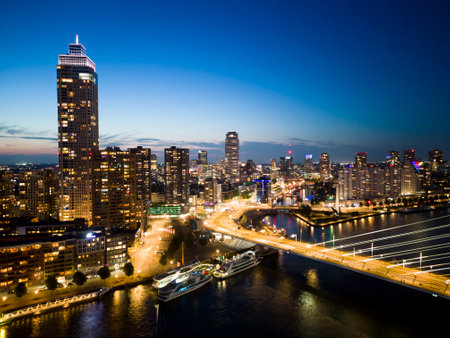 View of the city of Rotterdam at sunsetの写真素材