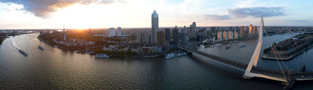 View of the city of Rotterdam at sunsetの写真素材