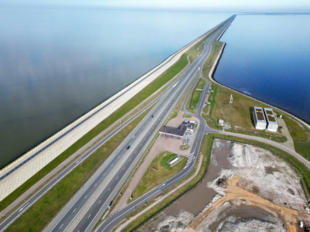 Aerial view of the Afsluitdijk, The Netherlandsの写真素材
