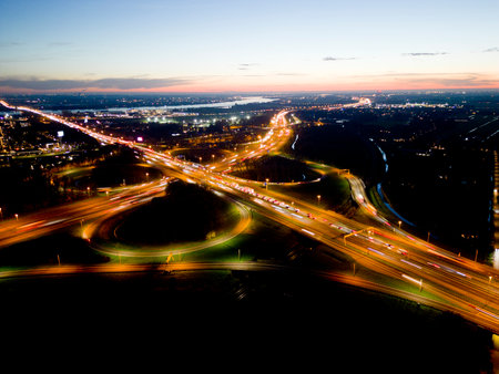 Aerial view at night of a cloverleaf interchange highway, Gorinchem, Holland