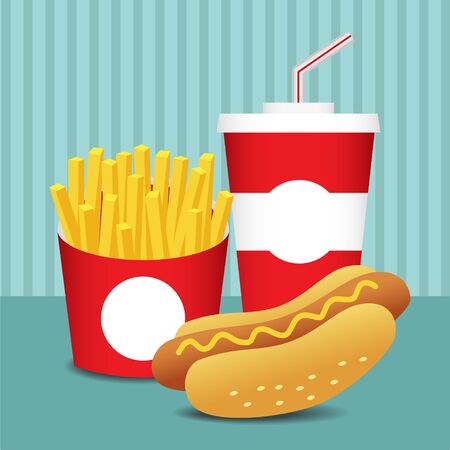 Illustration of cartoon vector fast food on the table.のイラスト素材