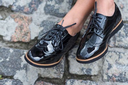 Close up of stylish female shoes.  Footwear advertising.の写真素材