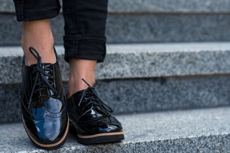 Close up of stylish female shoes.  Footwear advertising.の写真素材