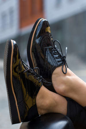 Close up of stylish female shoes.  Footwear advertising.の写真素材