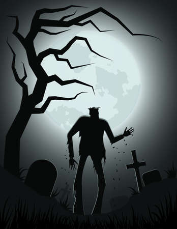 Silhouette of a scary zombie in the Old Cemetery on the background of the full moonのイラスト素材