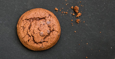 Delicious fresh chocolate cookie with small crumbs lies on a dark backgroundの写真素材