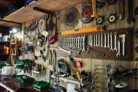 Various tools hang on a wooden wall in a workshopの写真素材